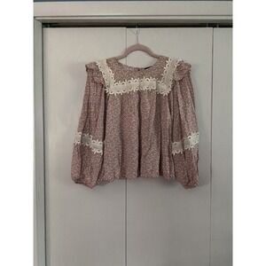 Alice Blue Size M Floral Print Blouse W/Lace Trim Lantern Sleeves Cottage 21x18